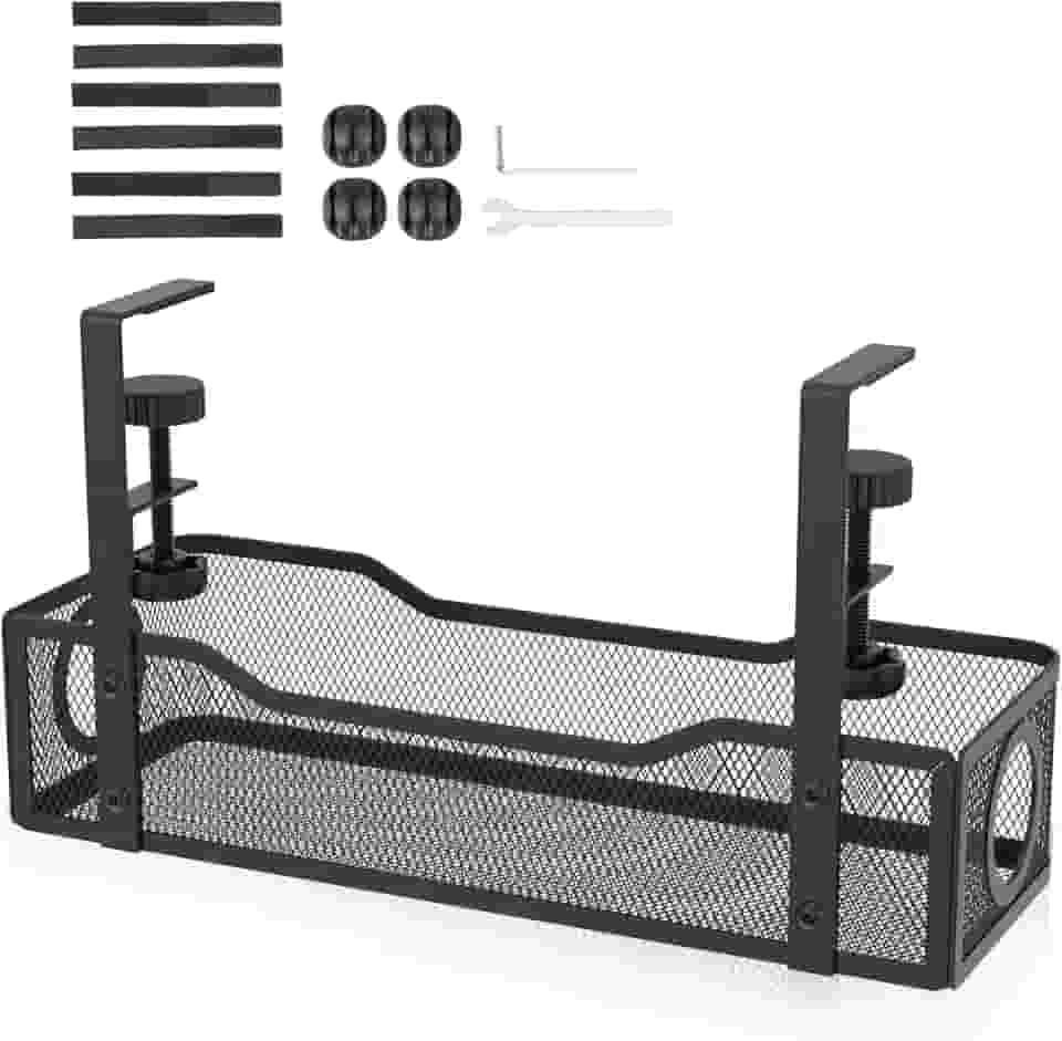 Bandeja de gerenciamento de cabos sob a mesa, organizador de cabos de malha de aço sem broca, com braçadeira, organizador de cabos de policarbonato para escritório e casa, cabe em mesas de até 7,6 cm