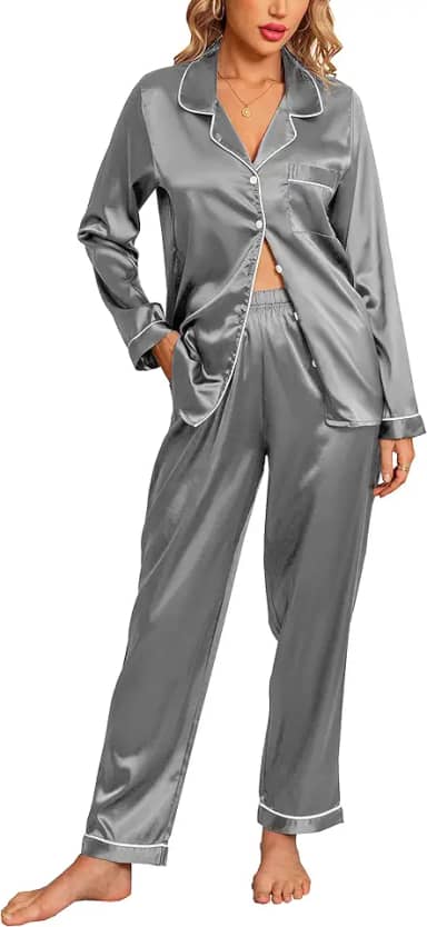 Conjunto de pijama feminino de cetim de seda e manga comprida, conjunto de pijama macio, duas peças, com botões, com bolsos, P-2GG