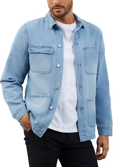 Jaqueta masculina jeans casual com botões para caminhoneiro com lavagem leve com 4 bolsos