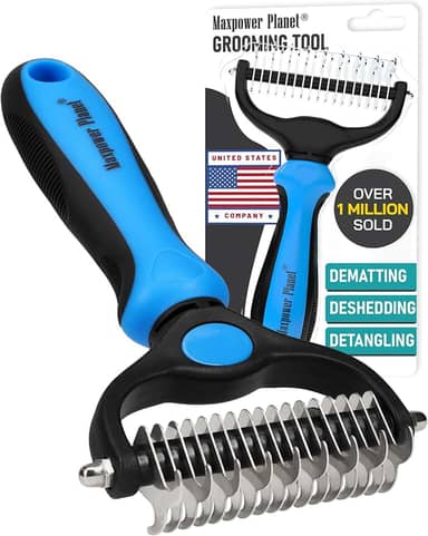 Maxpower Planet Escova de cuidados para animais de estimação – Pente de ancinho de dupla face para queda e descamação para cães e gatos, extra largo, azul, escova de tosa para cães, escova de queda de cães