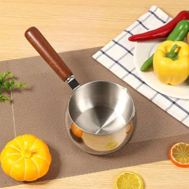 Panela de leite, frigideira para aquecer manteiga de 800 ml, panela de aço inoxidável 304 com cabo de madeira para derreter café e chocolate