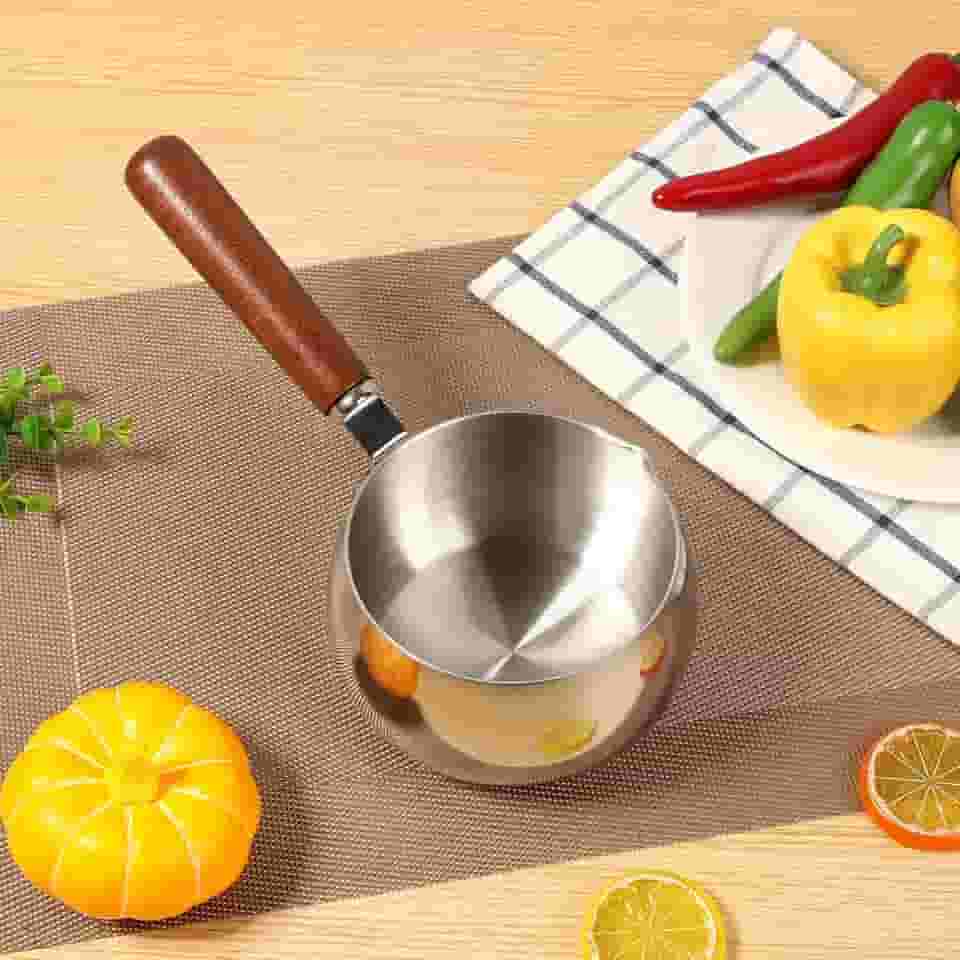 Panela de leite, frigideira para aquecer manteiga de 800 ml, panela de aço inoxidável 304 com cabo de madeira para derreter café e chocolate
