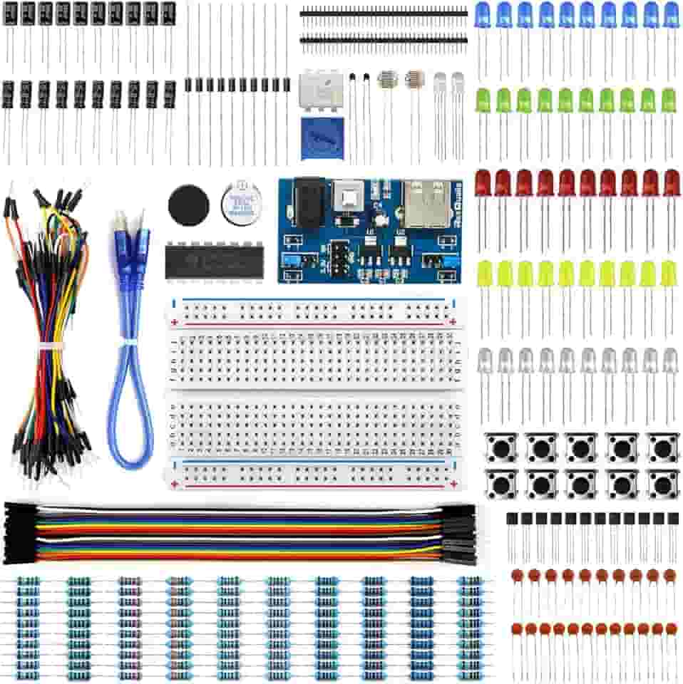 REXQualis Kit básico de eletrônicos com módulo de fonte de alimentação, placa de ensão, fio jumper, LED, resistor, vem com mais de 300 peças de sensores e componentes para projetos eletrônicos divertidos e simples.