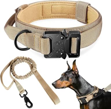 Coleira e guia táticas para cães, coleira de nylon para treinamento ajustável com alça de controle para cães de médio e grande porte para treinamento diário e caminhadas(M/Bege/Com Guia)