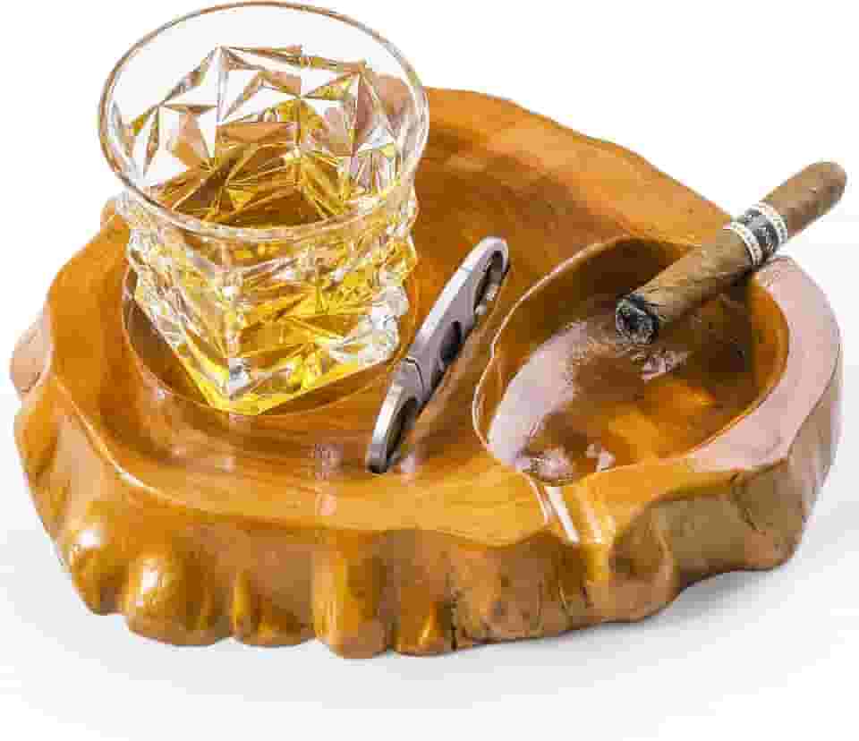 Cinzeiros de madeira para charutos com bandeja de vidro para uísque e suporte para cortador de charutos cinzeiro irregular com formato e design únicos, acessórios para charutos, presente para
