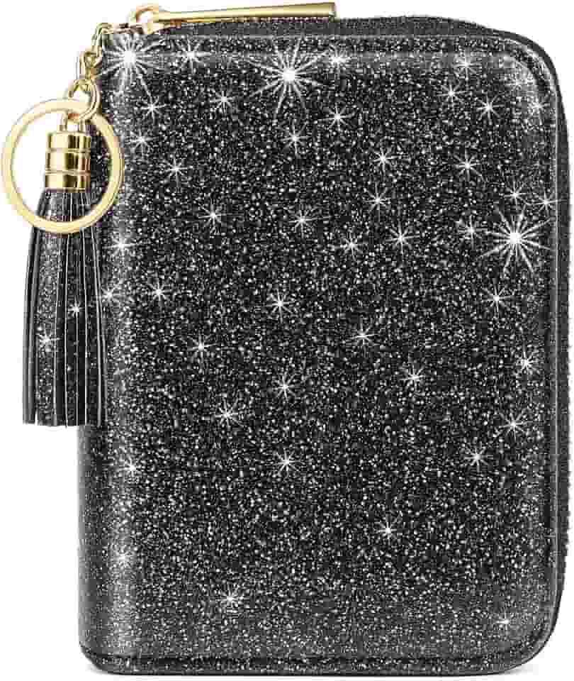 Carteira Feminina Elegante - Preta com Glitter - Porta Cartão, 9 Compartimentos e Zíper Seguro – Minimalista para Viagem e Dia a Dia