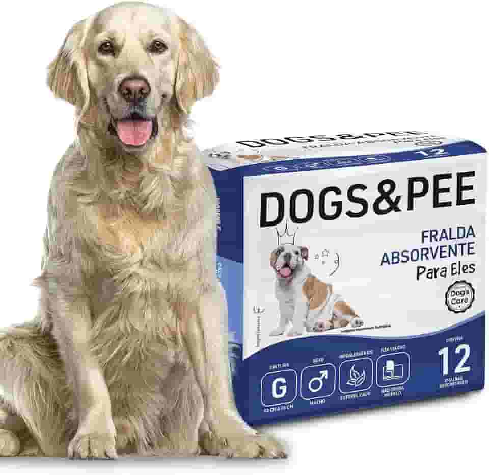 DOG’S CARE Dogs&Pee Fralda Descartável Para Cães Machos - Fralda Absorvente Para Cachorros Idosos e Filhotes - Tamanho G - Cintura 53 a 76cm - 12 Unidades