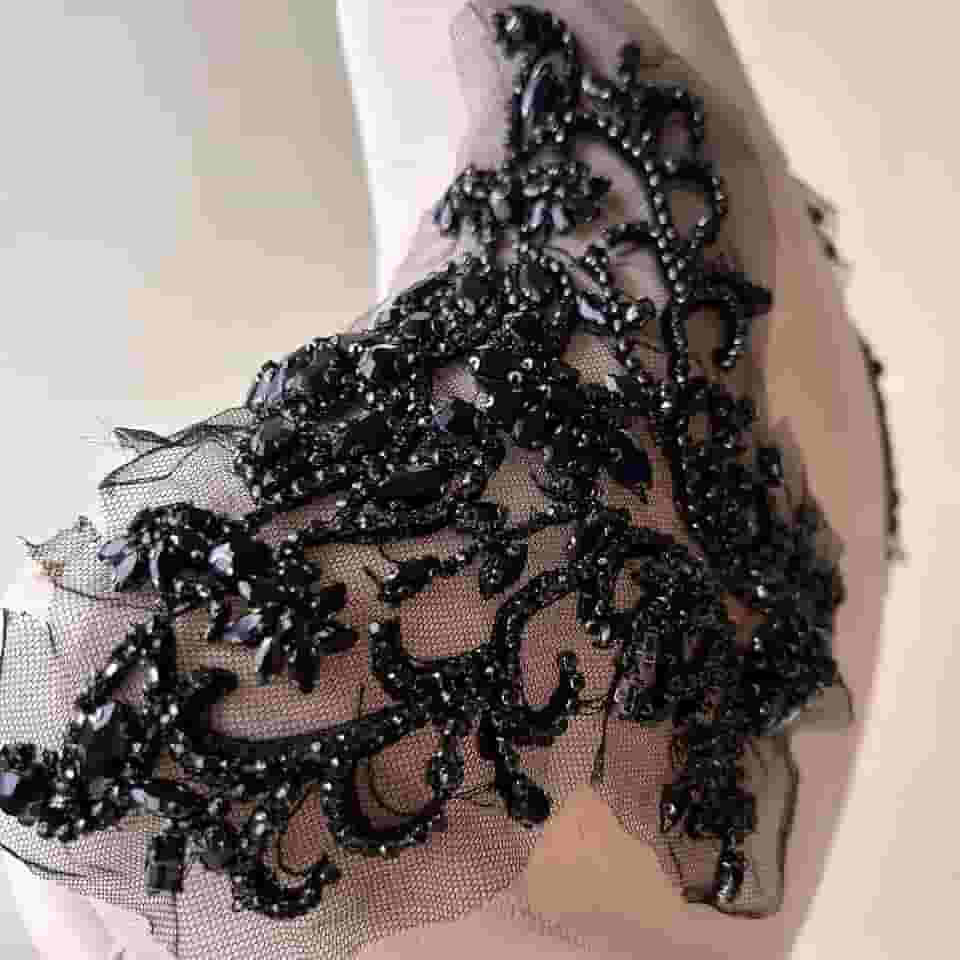 Par espelhado de strass preto com aplique de renda nas costas cintilante para vestido de festa de formatura