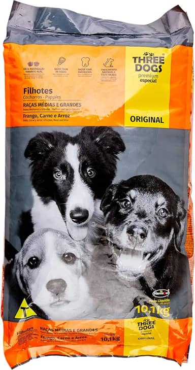 A Ração Three Dogs Original Frango, Carne e Arroz para Cães Filhotes Raças Médias e Grandes Biofresh para Todas Médio Filhotes - Sabor Frango 10,1kg