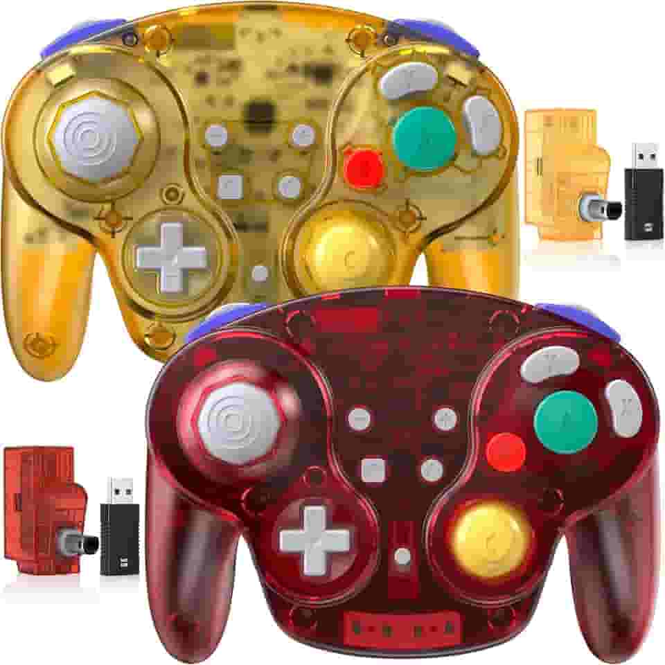 2 Pack 2.4 GHz Wireless GameCube Switch2 Pro Controller, for NGC GameCube Console, Switch2 / Switch2 OLED/ Switch2, PC, Steam Deck, PC (Built-in Rumble) (Rechargeable) (Plug and Play) Clear Yellow/Red