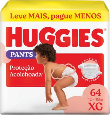 Fralda Pants Huggies Proteção Acolchoada Tamanho XG 64 unidades – Nova Fralda Supreme Care estilo roupinha, que veste como shortinho e com cintura acolchoada super macia que previne marquinhas, fácil de colocar e tirar (embalagem pode variar)