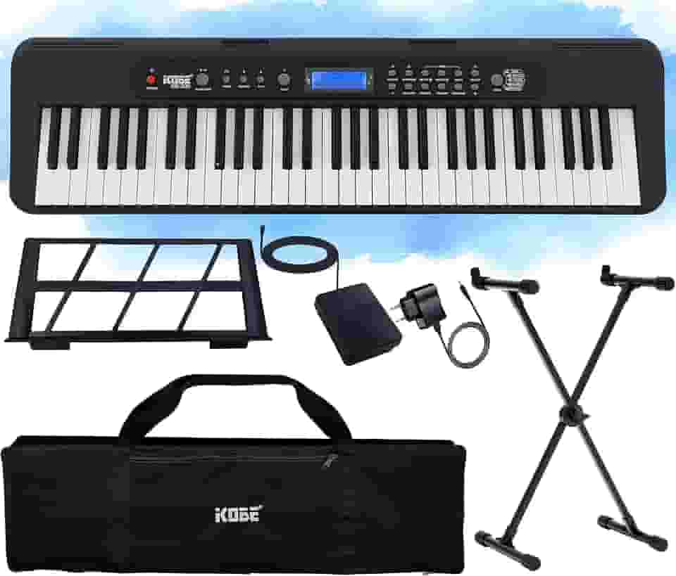 Kit Teclado Musical Digital Kobe KB-300 5/8 61 Teclas Sensíveis ao Toque com Pedal Sustain Capa e Estante