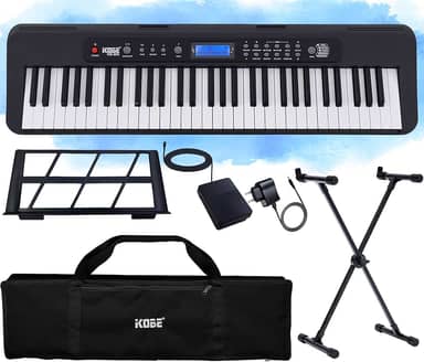 Kit Teclado Musical Digital Kobe KB-300 5/8 61 Teclas Sensíveis ao Toque com Pedal Sustain Capa e Estante