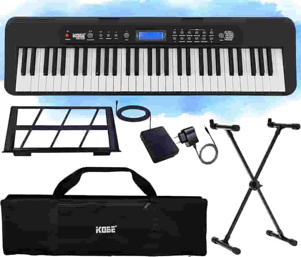Kit Teclado Musical Digital Kobe KB-300 5/8 61 Teclas Sensíveis ao Toque com Pedal Sustain Capa e Estante