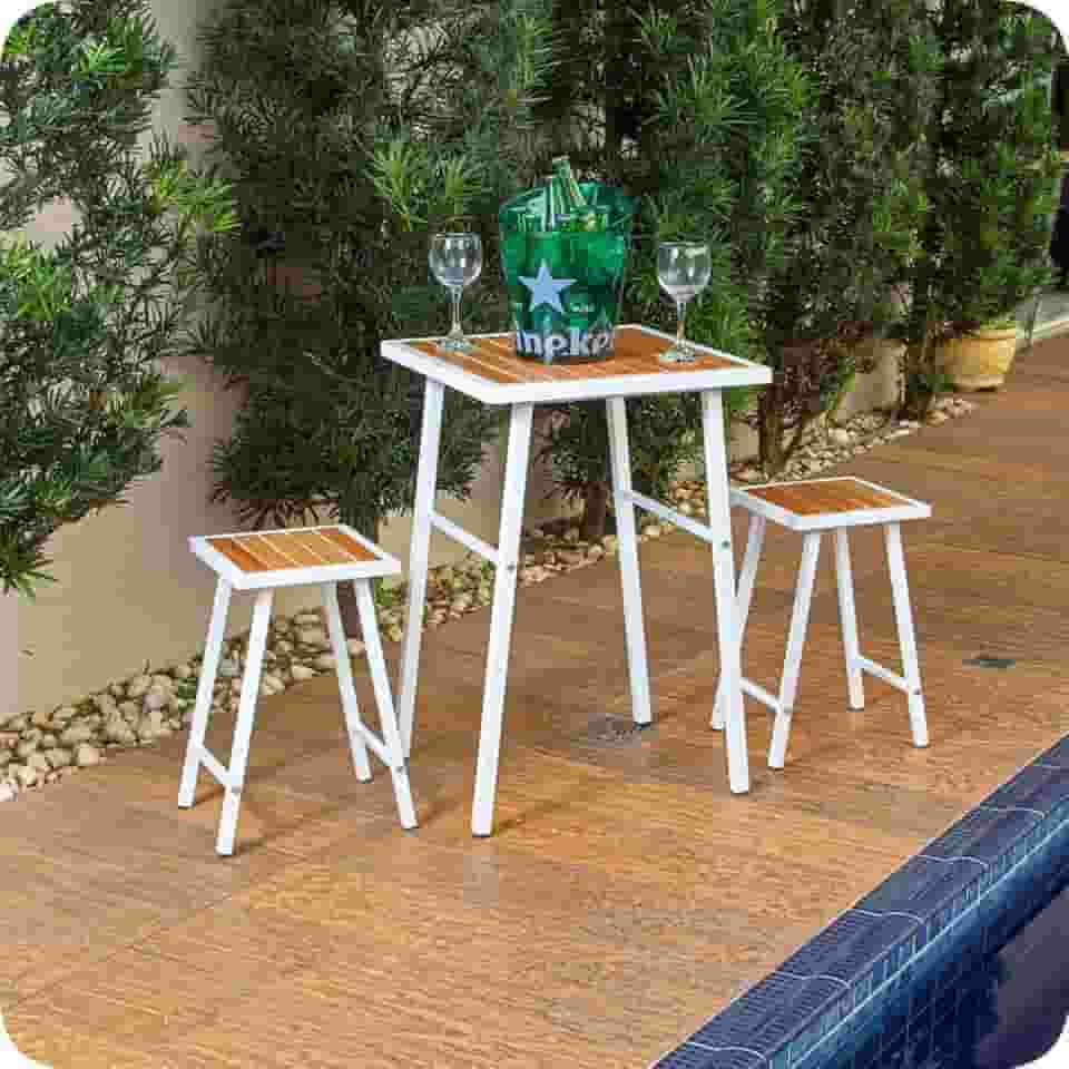 Conjunto De Mesa E 2 Bancos Branco Para Área Externa Jardim