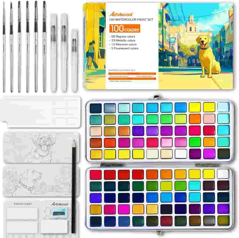 Conjunto de tinta aquarela de 100 cores, cores vivas, incluindo regular, metálico, macaron e fluorescente, portátil com estojo de transporte, pincéis de água, paleta e acessórios, para iniciantes e
