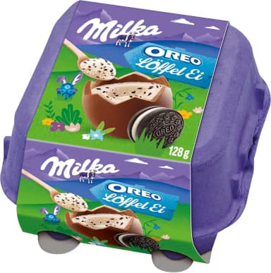 Ovo de Páscoa de Colher Milka Spoonable Creme e Oreo 128g (4 unidades de 32g cada) + Colher de Madeira