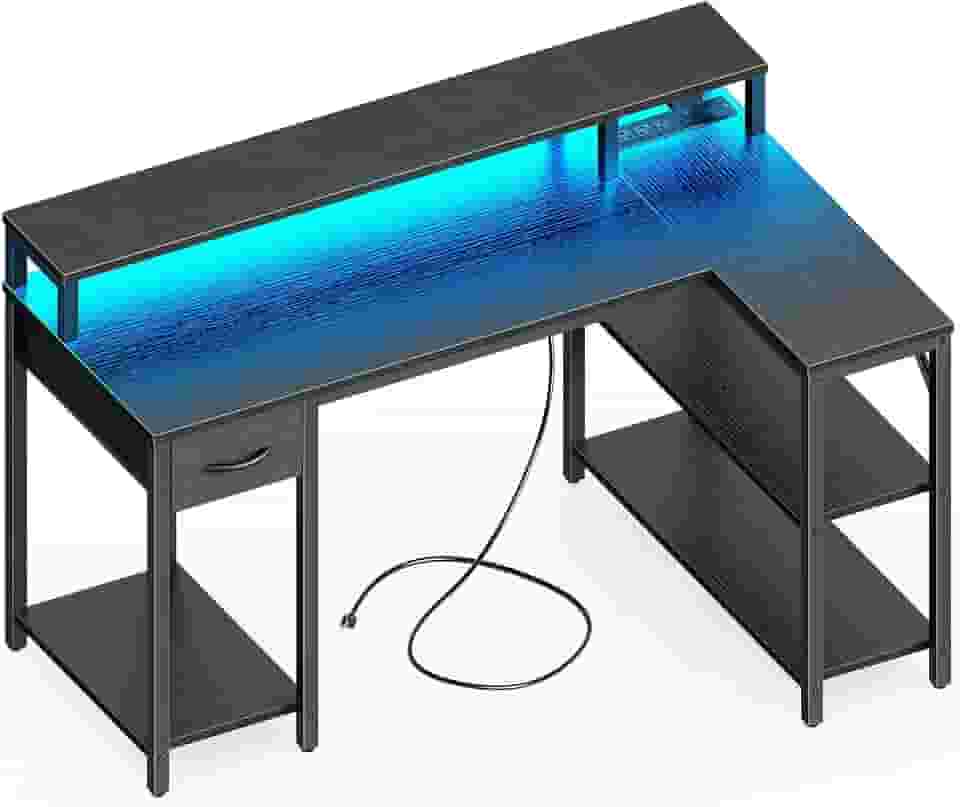 SUPERJARE Mesa de jogos reversível em forma de L com gaveta, luzes LED e tomadas, mesa de canto para computador com prateleiras e suporte de monitor para casa, escritório, preto, 119 cm