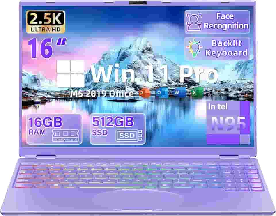 Svikou Novo Laptop Roxo De 16', Moldura Ultrafina, Resolução 2.5K Qhd Ips (2560X1600), Tela Lcd N95 (3,4 Ghz), 16 Gb Ram, Ssd 512 Gb, Retroiluminação Colorida, Desbloqueio Facial, Usb-C/Hdmi/Wi-Fi/B