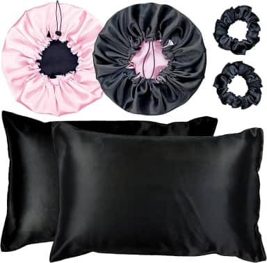 Kit 2 Fronha De Cetim Seda + 2 Toucas + 2 Xuxinhas (Preto/Rosa)