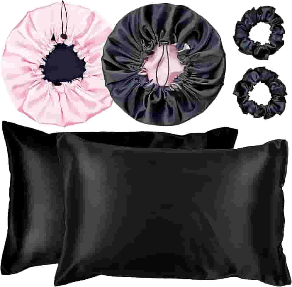 Kit 2 Fronha De Cetim Seda + 2 Toucas + 2 Xuxinhas (Preto/Rosa)