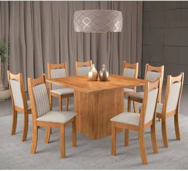 Conjunto de Jantar Mesa Quadrada Panama com 8 Cadeiras Dalas Mel/Marfim