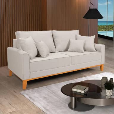 Sofá Living Beny 3 Lugares Linho Cru Fixo Sala Base Madeira