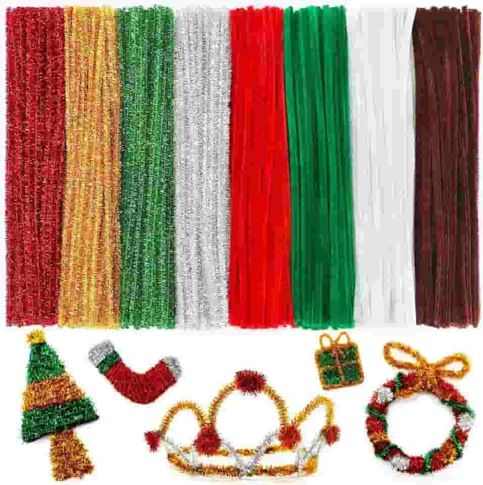Praisebank Limpadores de cachimbo para artesanato (200 peças em 8 cores de Natal), hastes longas de chenille de 30,5 cm, artesanato e decorações de Natal.