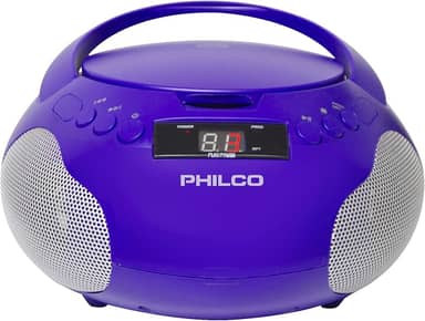 Philco Boombox Leitor de Cd Portátil com Alto-Falantes e Rádio Am Fm | Leitor de Cd Purple Boom Box Compatível com Cd-R/Cd-Rw e Cd de Áudio | Entrada Auxiliar de 3,5 Mm | Som Estéreo | Visor LED | Ac/