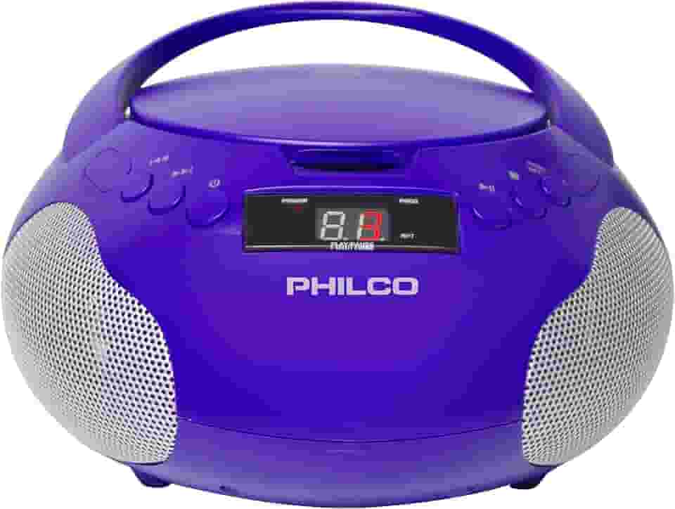 Philco Boombox Leitor de Cd Portátil com Alto-Falantes e Rádio Am Fm | Leitor de Cd Purple Boom Box Compatível com Cd-R/Cd-Rw e Cd de Áudio | Entrada Auxiliar de 3,5 Mm | Som Estéreo | Visor LED | Ac/