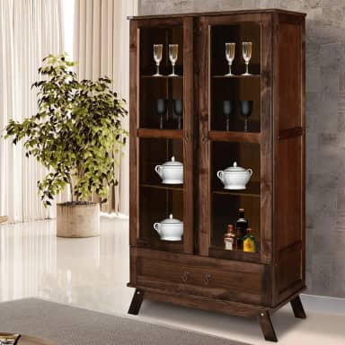 Cristaleira Roma Pinus com HDF Porta de Vidro Retrô Imbuia Natural