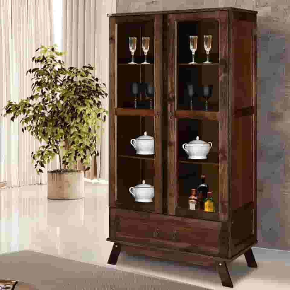 Cristaleira Roma Pinus com HDF Porta de Vidro Retrô Imbuia Natural