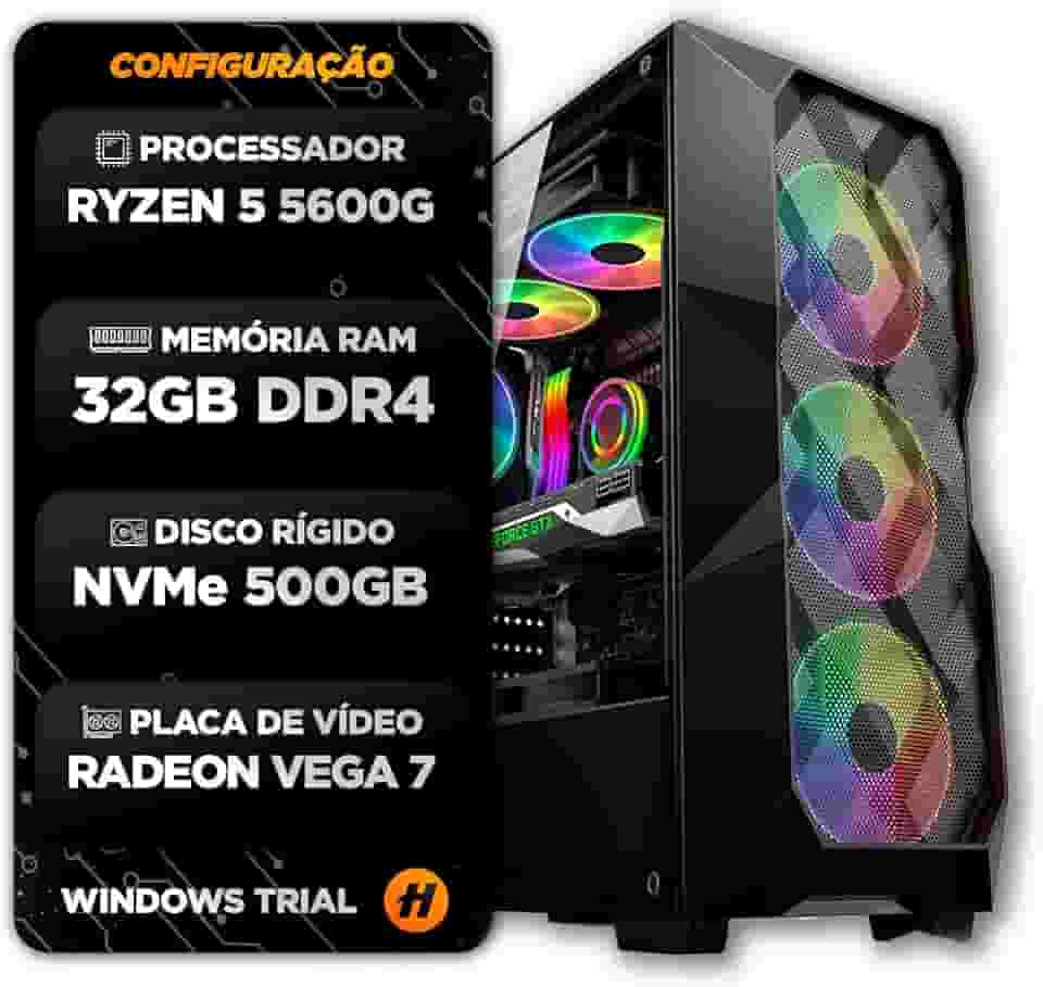PC GAMER RYZEN 5 5600GT, 32GB DDR4 3200MHZ, SSD M.2 NVME 500GB, VEGA 7, FONTE 500W
