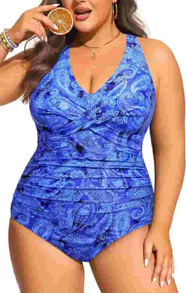 Maiô plus size – maiô feminino com controle de barriga, gola V, retrô, frente torcida, cobertura total