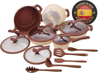 Jogo Panelas 15 Peças antiarerente PREMIUM Com Revestimento de CERÂMICA 7 camadas com espessura de 5mm, Indução, Gás, Vitrocerâmico, Elétrico, designer Compatível com Moncoc Arezzo, Frita sem óleo,