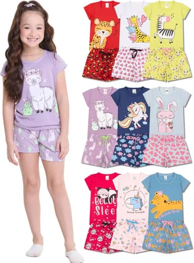 Kit Sortido 8 Peças Pijama Curto Infantil Menina - 4 Pijama Infantil Feminino Algodão
