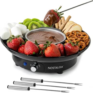 Nostalgia Conjunto de panela elétrica de fondue de 293 ml para queijo e chocolate - 4 garfos de mergulho, bandeja de alimentos com 3 seções - Utensílios de cozinha e eletrodomésticos para deouvres,