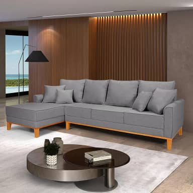 Sofá Beny Chaise e 4 lugares Living Linho Base de Madeira Fixo Sala (Cinza Claro, Lado Esquerdo)