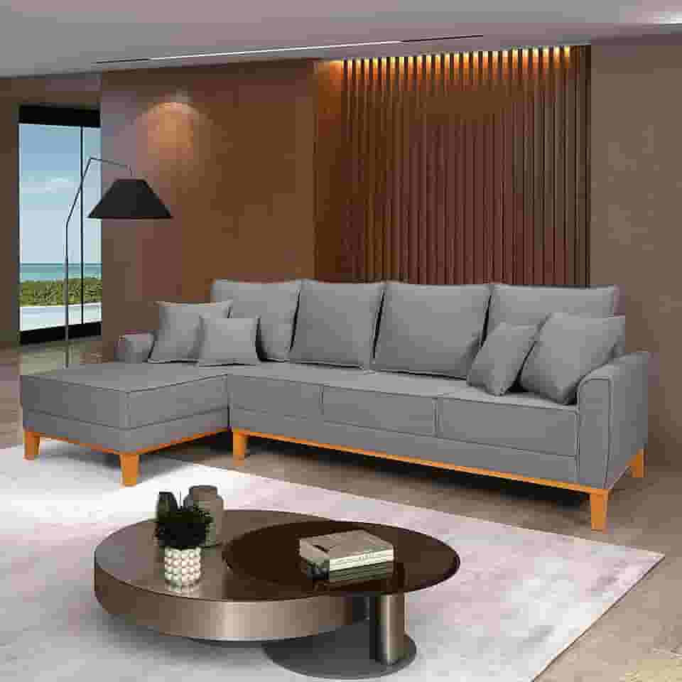 Sofá Beny Chaise e 4 lugares Living Linho Base de Madeira Fixo Sala (Cinza Claro, Lado Esquerdo)