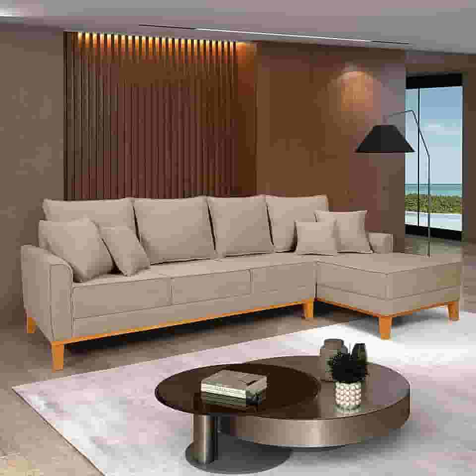 Sofá Beny Chaise e 4 lugares Living Linho Base de Madeira Fixo Sala (Bege, Lado Direito)