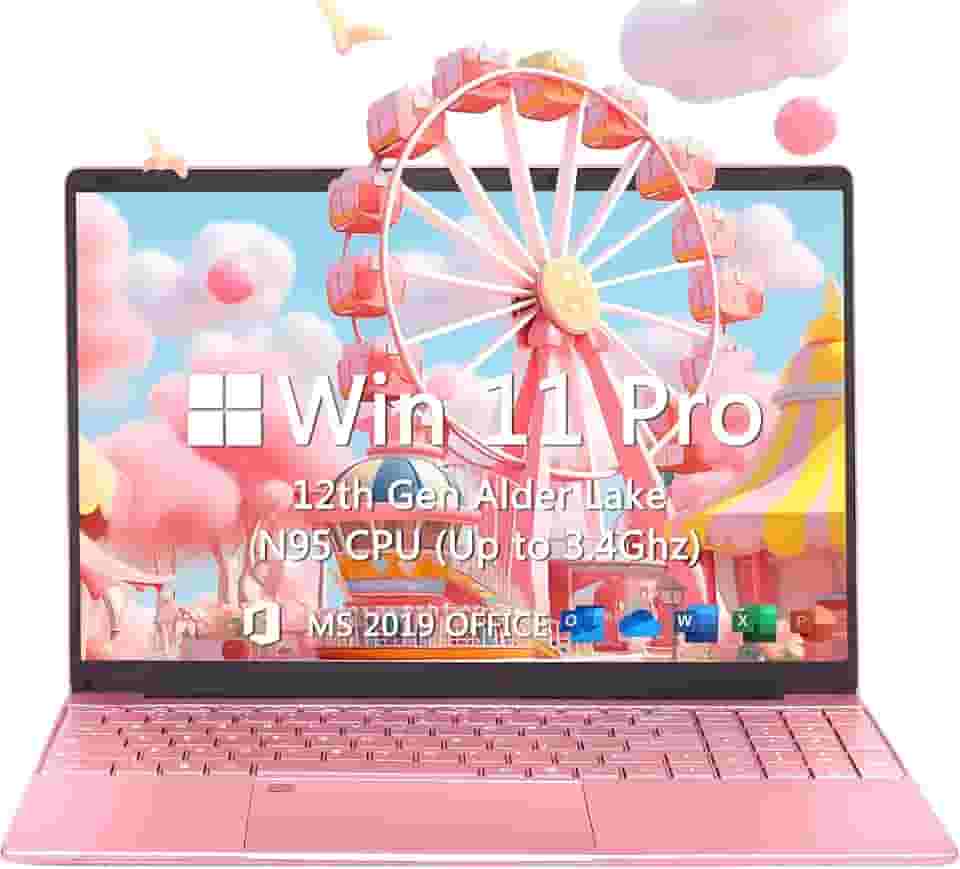 OMSERVB Laptop rosa de 15,6 polegadas, N95 de 12ª geração (até 3,4 GHz), RAM DDR4 32 G, SSD NVME de 1 TB, Win 11 Pro e Office 2019, bloqueio de impressão digital, notebook portátil com KB