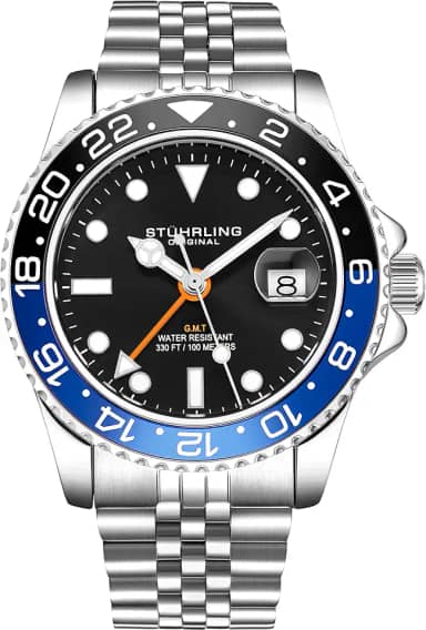 Relógio masculino de aço inoxidável com pulseira Jubilee GMT – Quartzo suíço, horário duplo, data rápida com coroa rosqueada, resistente à água até 10 ATM