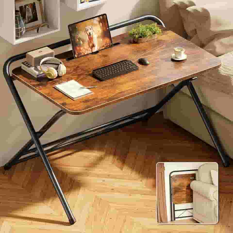 Huuger Mesa dobrável com altura ajustável de 3 níveis e compartimento para tablet, mesa de computador dobrável de 81 cm para espaços pequenos, economia de espaço, mesa de trabalho para escritório em
