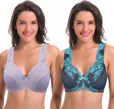 Sutiã redutor sem forro com aro e bordado de renda - pacote com 2, Lavanda, cinza (pacote com 2), 36DD