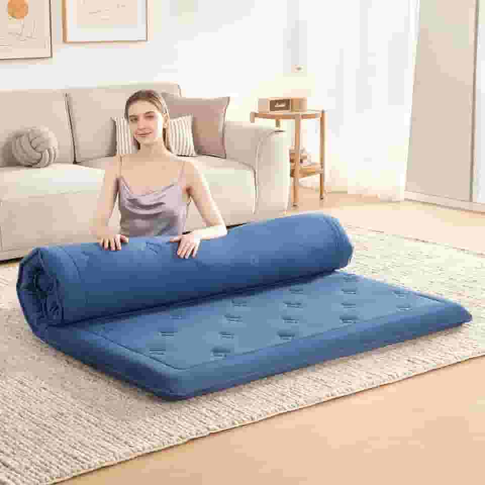 Futon Colchão japonês para chão, almofada dobrável de espuma viscoelástica de 10 cm, tapete de dormir portátil para acampar, fácil de armazenar com capa contra poeira, solteiro