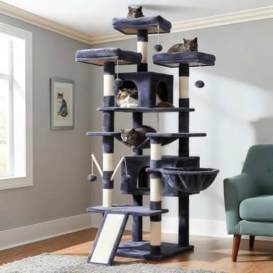 Árvore para gatos Hey-brother, grande torre para gatos de 180 cm GG para gatos internos, casa de gatos de vários níveis com 3 poleiros acolchoados, arranhador grande, cesta aconchegante, 2 condomínios