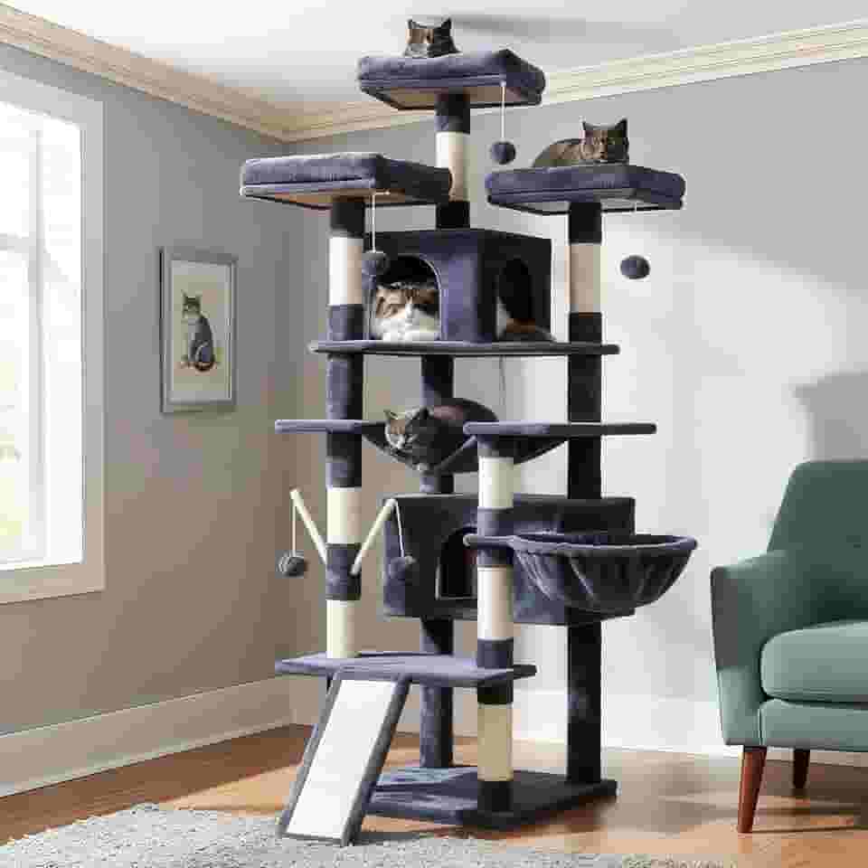 Árvore para gatos Hey-brother, grande torre para gatos de 180 cm GG para gatos internos, casa de gatos de vários níveis com 3 poleiros acolchoados, arranhador grande, cesta aconchegante, 2 condomínios