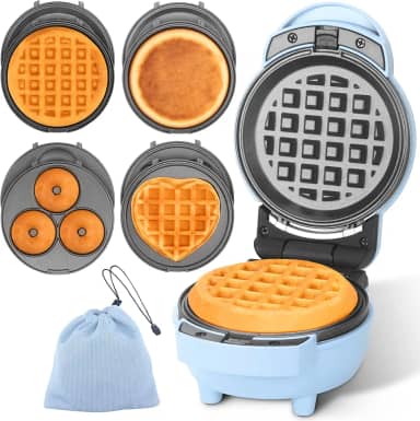 Mini máquina de waffle 4 em 1 com pratos removíveis, o conjunto inclui mini panqueca, donut, máquina de waffle em forma de coração, tamanho compacto, receita incluída, azul