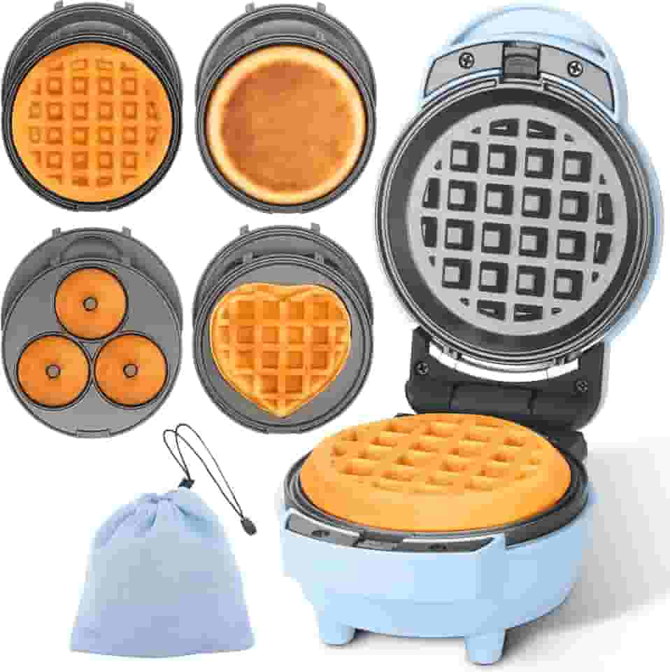 Mini máquina de waffle 4 em 1 com pratos removíveis, o conjunto inclui mini panqueca, donut, máquina de waffle em forma de coração, tamanho compacto, receita incluída, azul