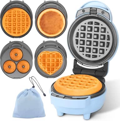 Mini máquina de waffle 4 em 1 com pratos removíveis, o conjunto inclui mini panqueca, donut, máquina de waffle em forma de coração, tamanho compacto, receita incluída, azul